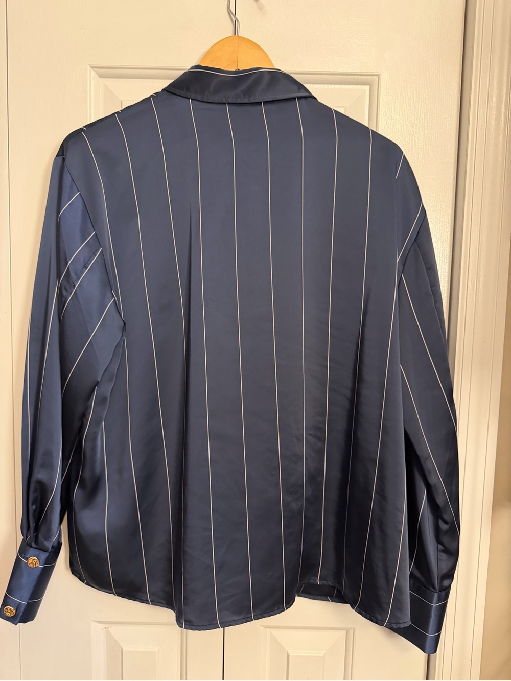 ZARA Navy Shirt with White Pinstripes XL Gold Buttons - Picture 4 of 10